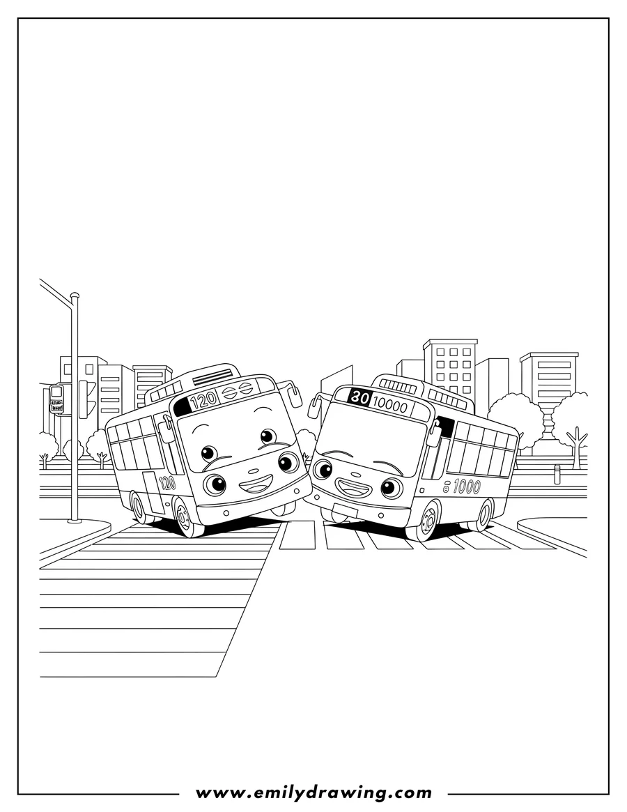 Free to print drawing of tayo and Rogi smiling and bumping wheels on a crosswalk