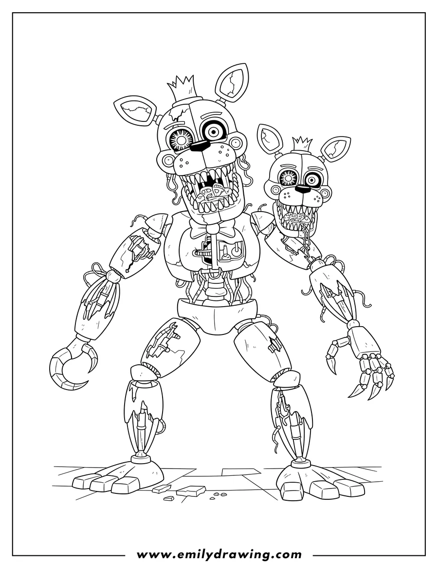 Printable line art of terrifying Mangle, a damaged animatronic with exposed endoskeleton, standing with its mouth open