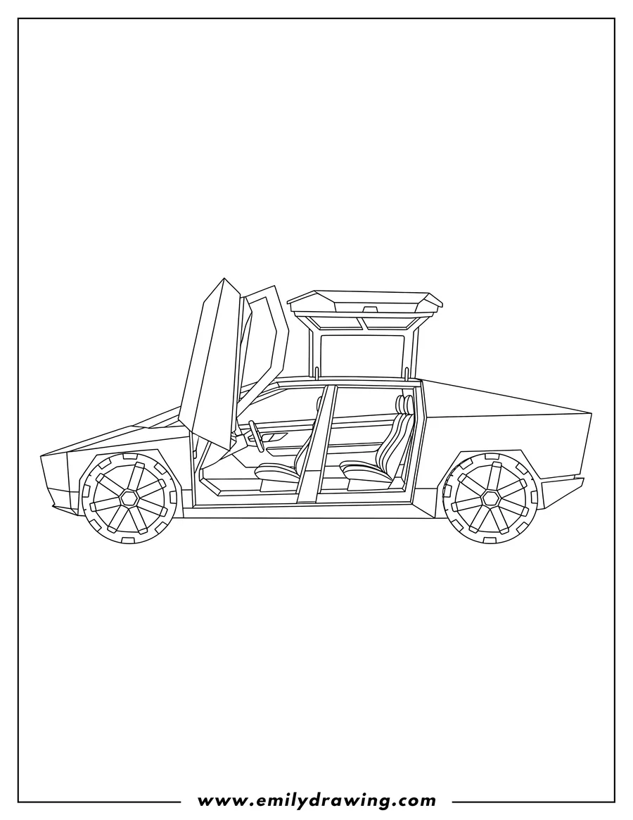 Black and white line art of tesla Cybercab with open gull-wing doors, side view