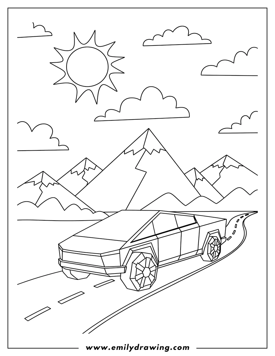 Coloring sheet featuring tesla Cyber Truck driving on a road through mountains, with a sun and clouds