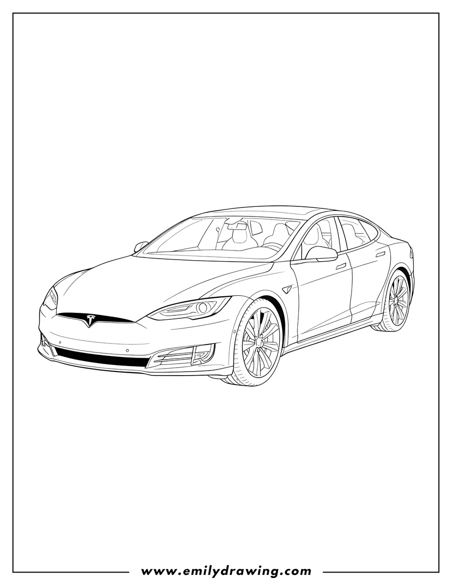 Simple sketch of realistic Tesla Model S Outline, front-side view to color