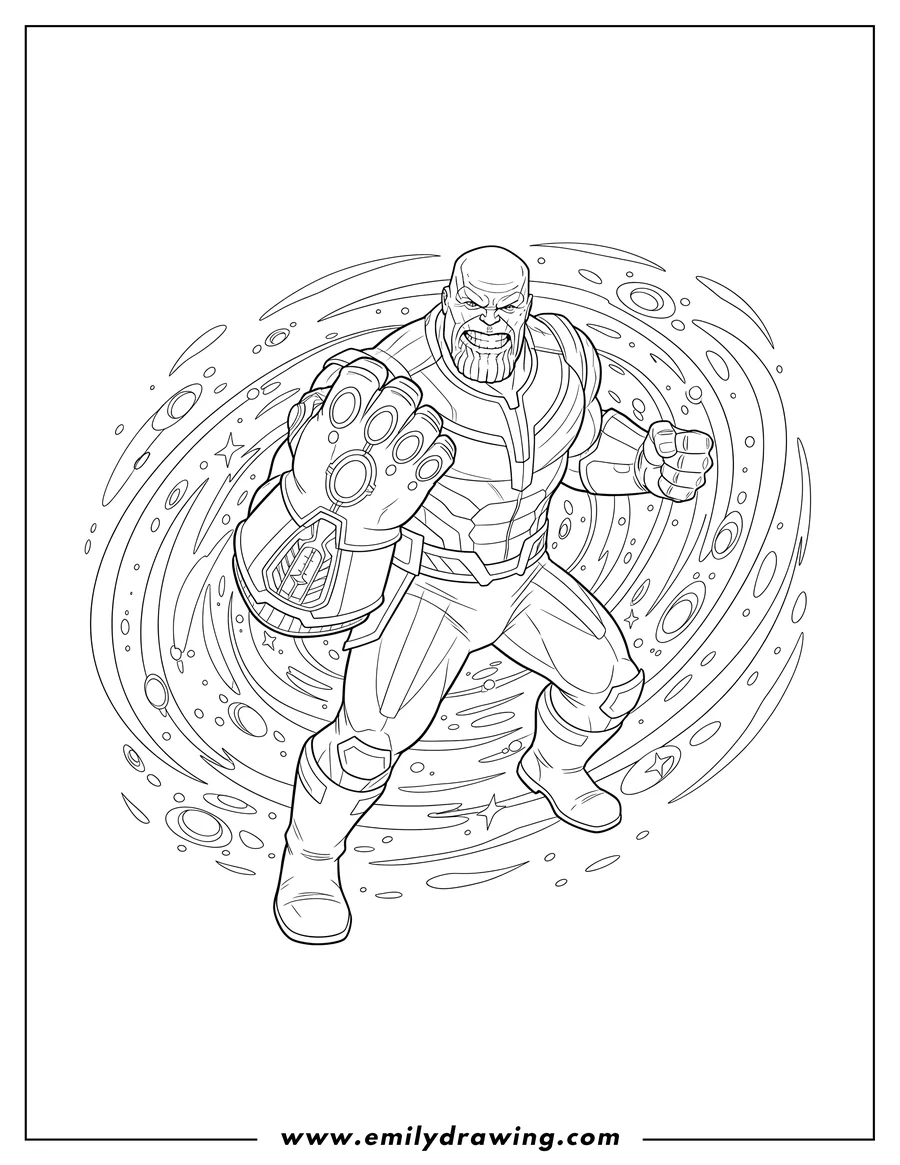 Free to print drawing of realistic Thanos Fighting Galaxy, wearing the Infinity Gauntlet and with a fierce grin