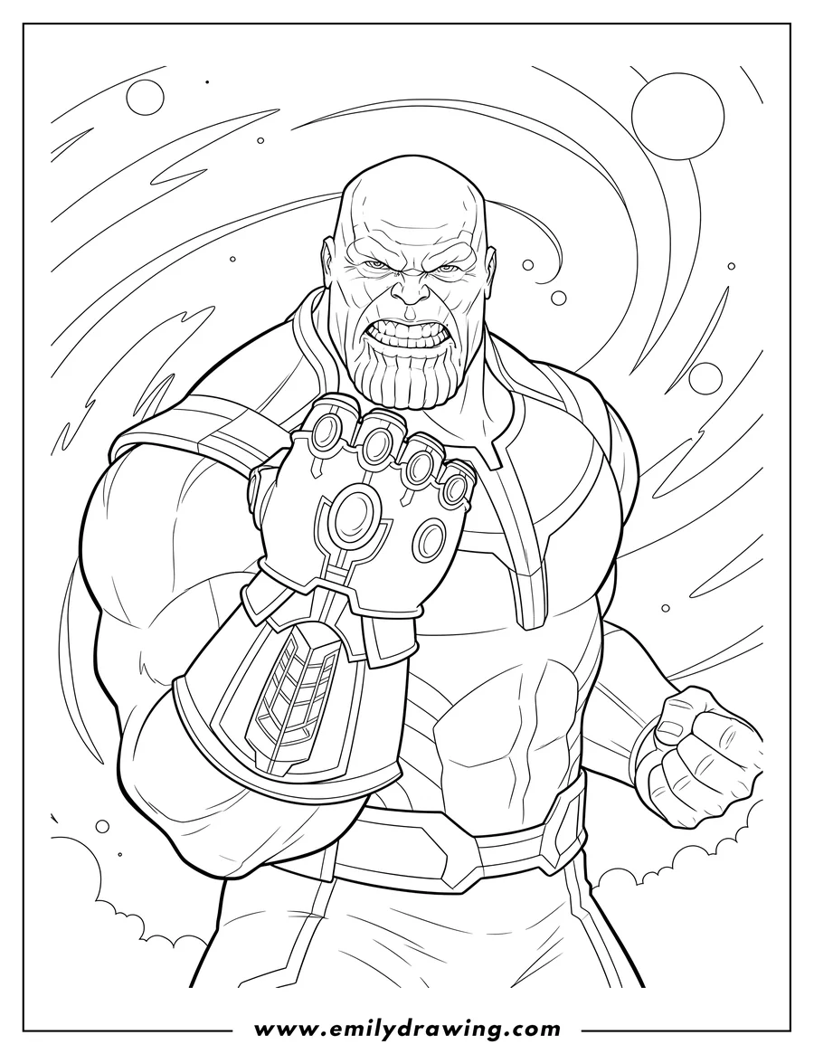 Doodle style coloring picture of realistic Thanos Outer Space Wearing Infinity Gauntlet with an angry expression, flexing his gauntlet arm