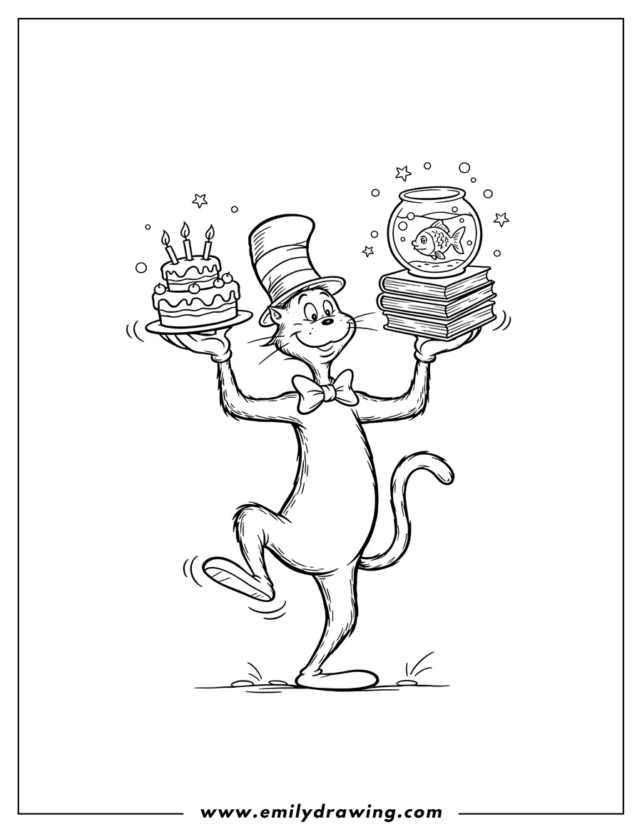 Linear illustration of 15 Scaled, the Cat in the Hat juggling a birthday cake, fishbowl, and books