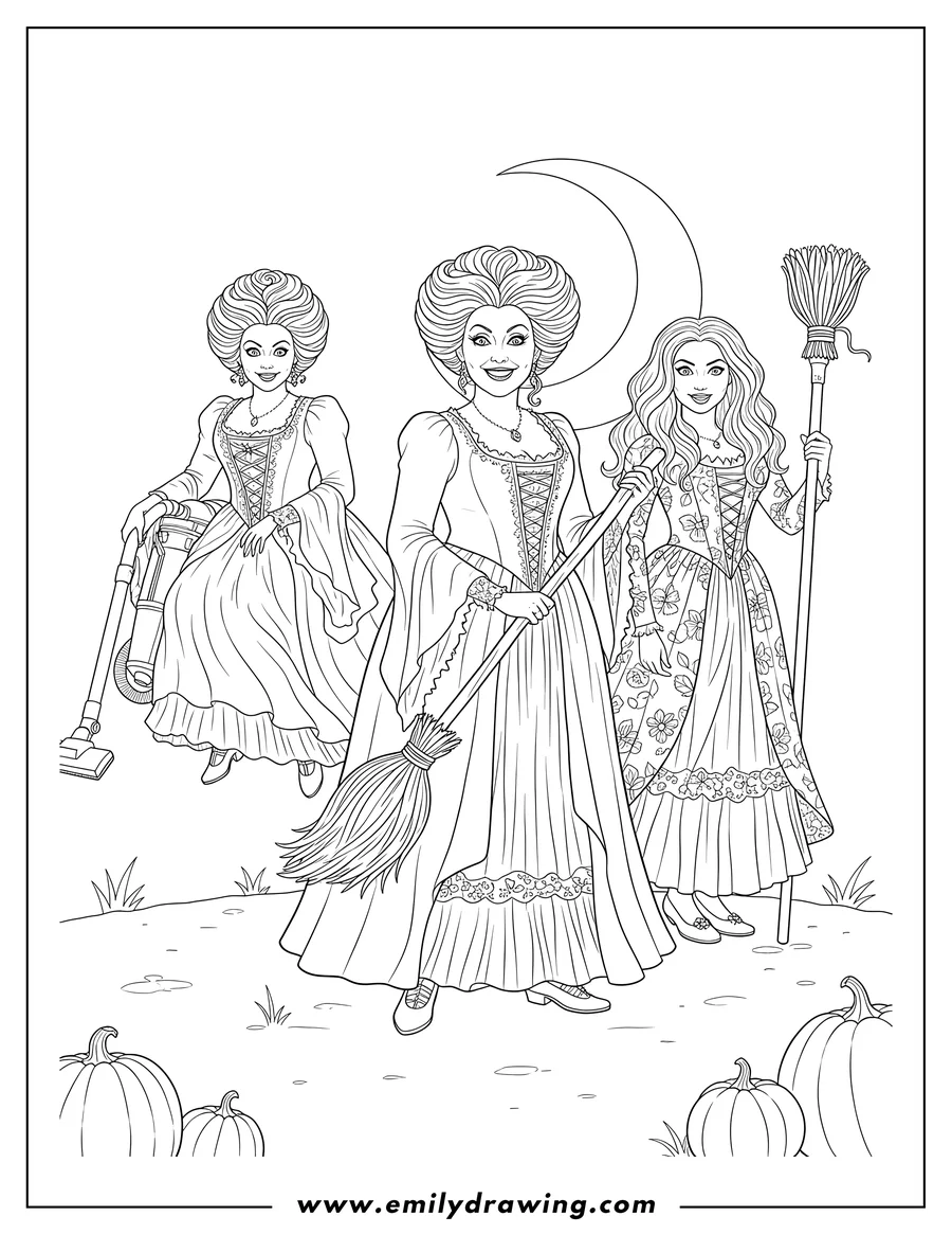 Coloring page of hocus Pocus Movies: The three Sanderson sisters, with one holding a broom