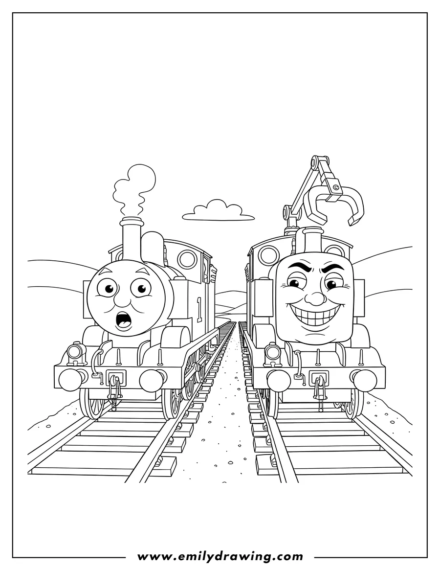 Free printable coloring sheet of thomas the Tank Engine looking surprised next to a grinning Diesel 10 on train tracks