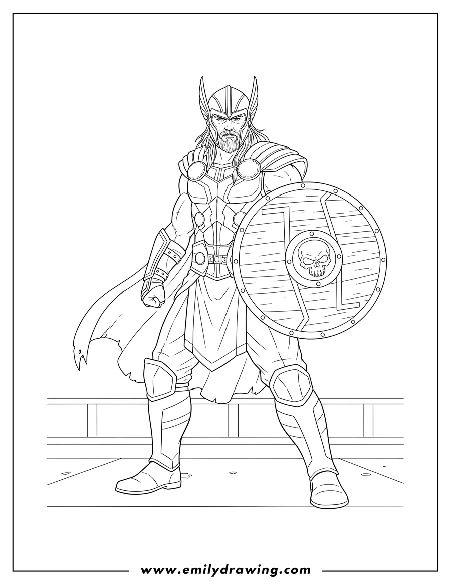 High quality printable thor Ragnarok in gladiator armor, holding a shield for coloring