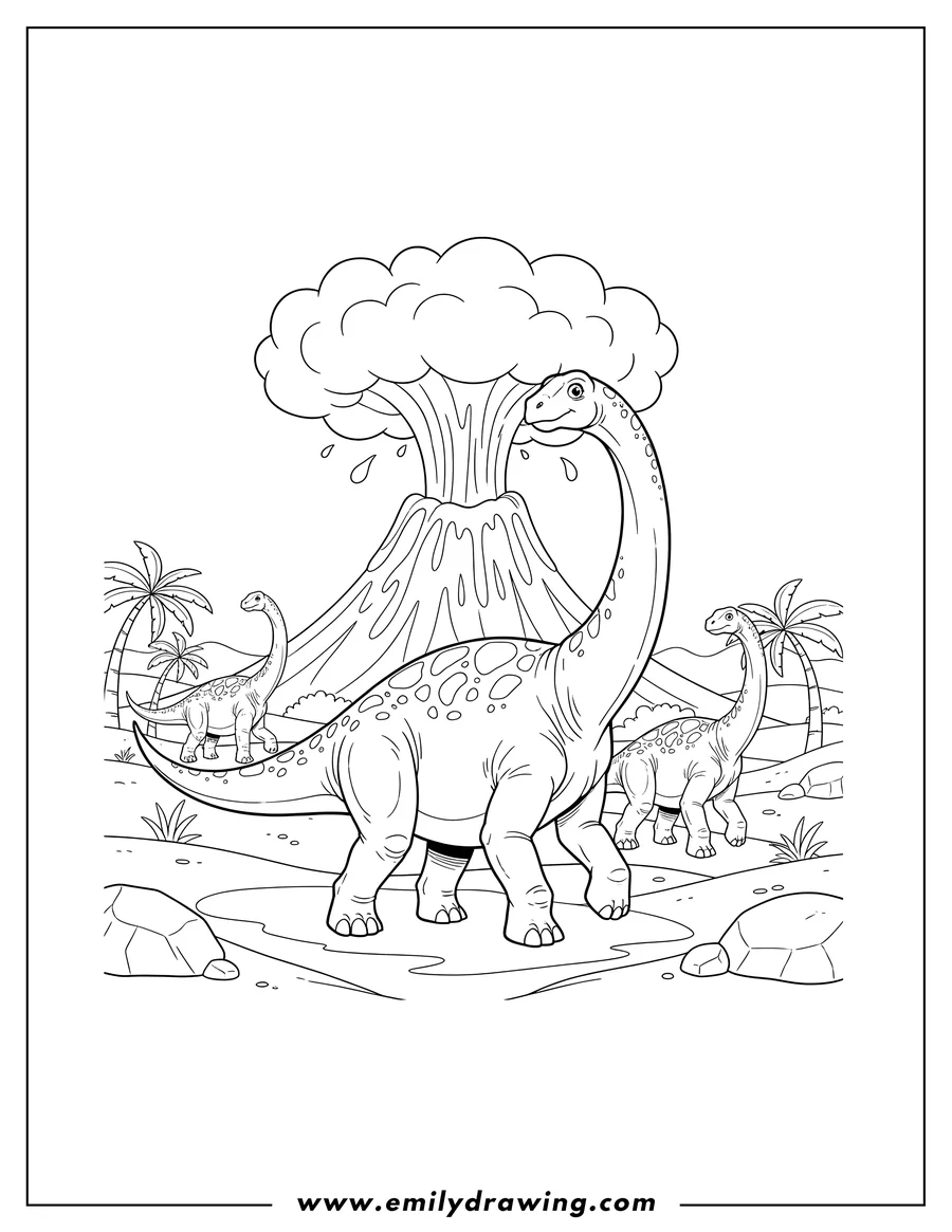 Coloring sheet featuring three Brachiosaurus walking away from an erupting volcano, with one looking back