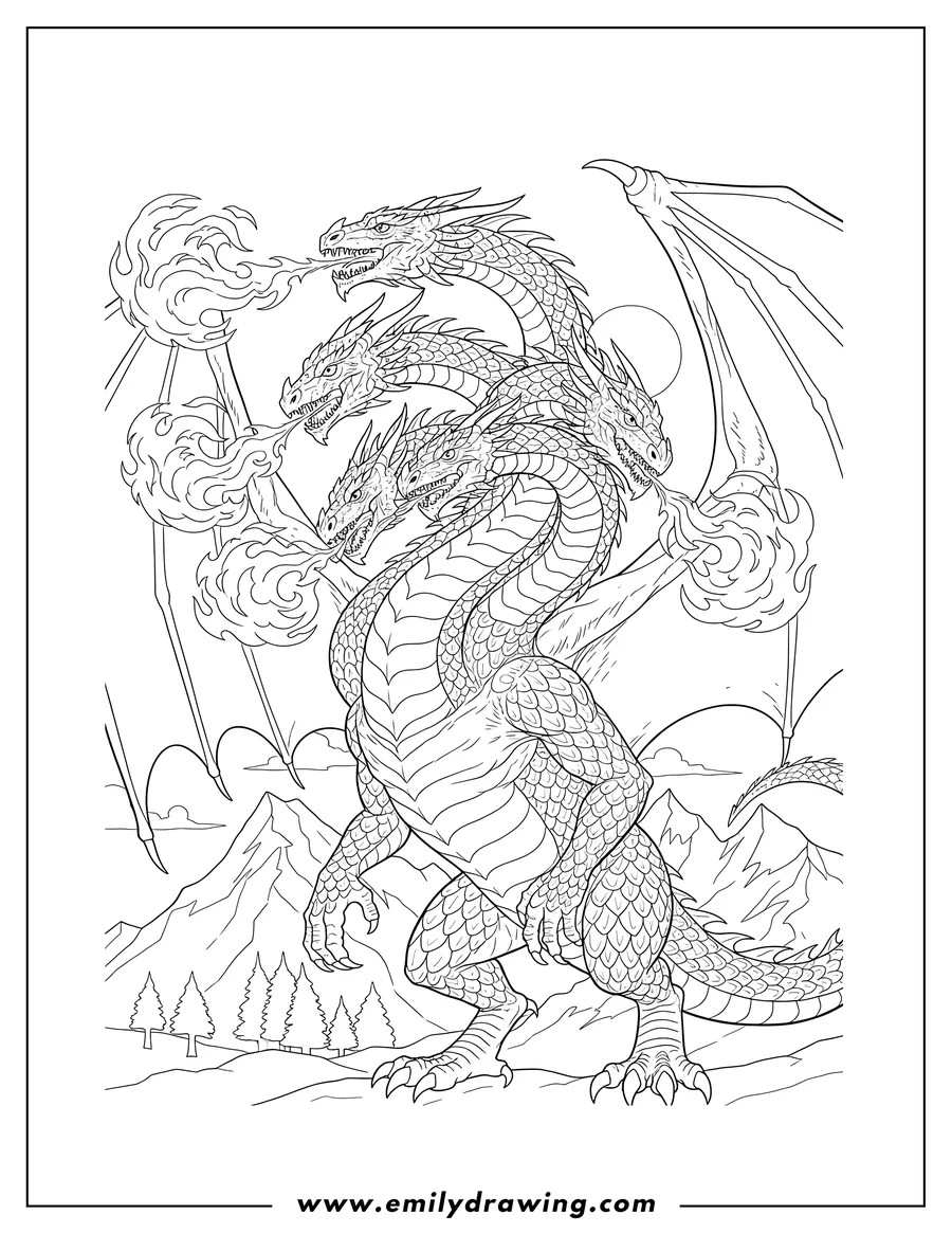 Outline drawing of realistic multi-headed Tiamat Dragon with intertwined necks, breathing fire, Dungeons And Dragons