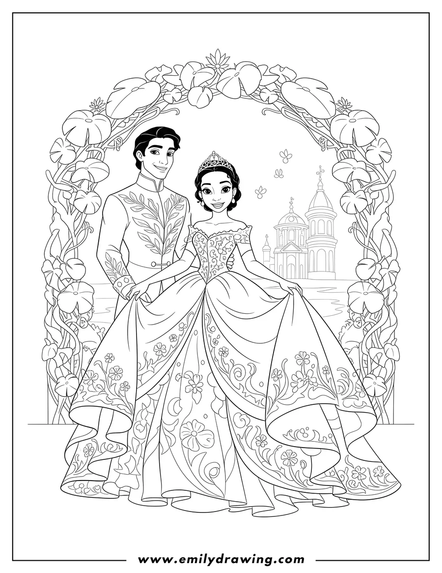 Coloring page for kids: tiana and Prince Naveen Wedding, Tiana holding out her elaborate dress