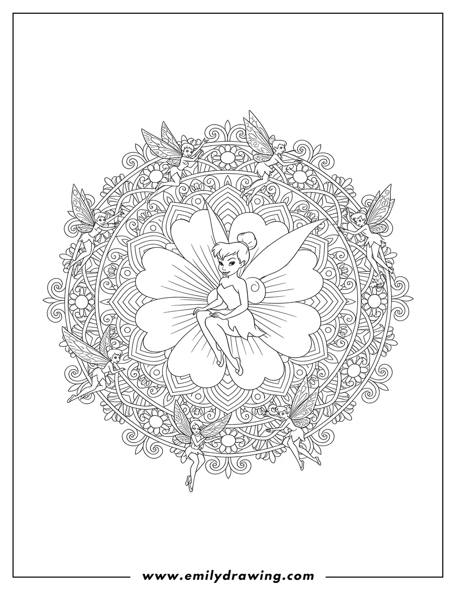 Full page coloring image of tinker Bell gracefully sitting on a large flower, surrounded by flying fairies, within a mandala