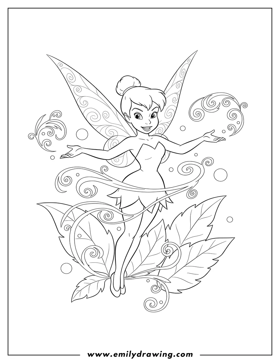 Free to print drawing of tinker Bell Pixie Hollow Scaled, smiling with pixie dust