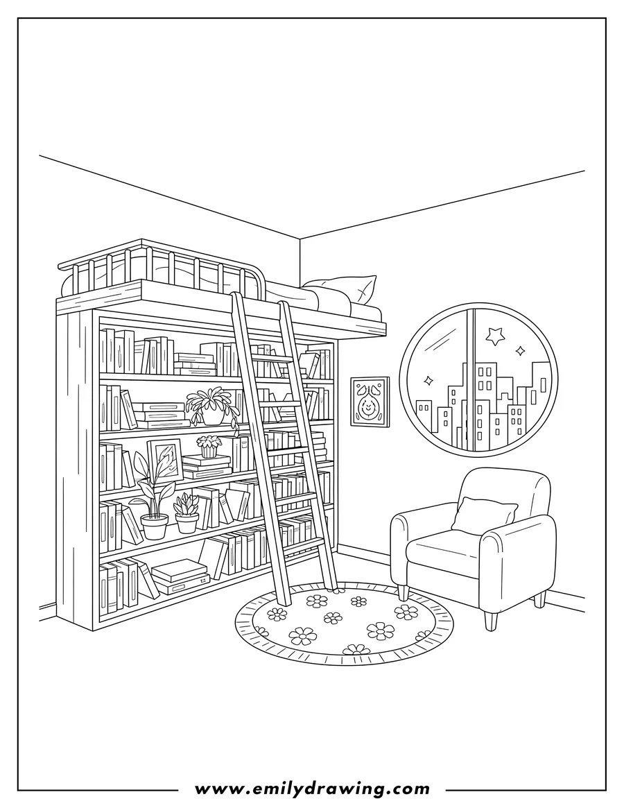 Coloring page of tiny Studio Apartment With Bookshelf And Plants, featuring a bed, a ladder, and a city view from the window