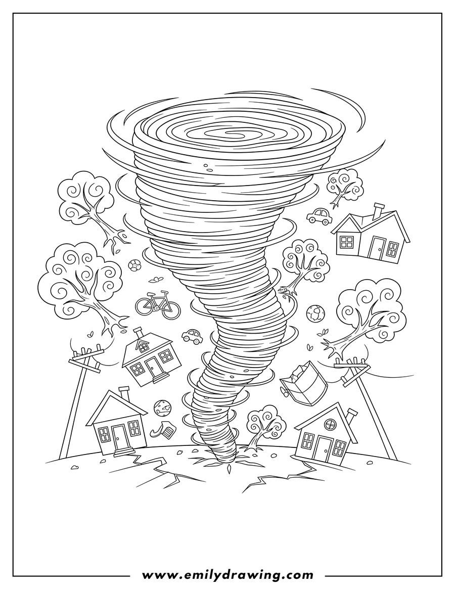 Printable coloring page of A tornado sweeps houses, trees, and telephone poles into the air