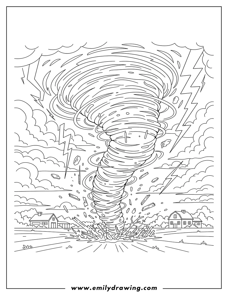 Full page coloring image of realistic Tornado touching down with lightning