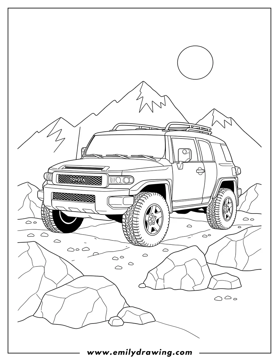 Outline drawing of realistic Toyota Fj Cruiser with a roof rack on rugged terrain and mountains in the background
