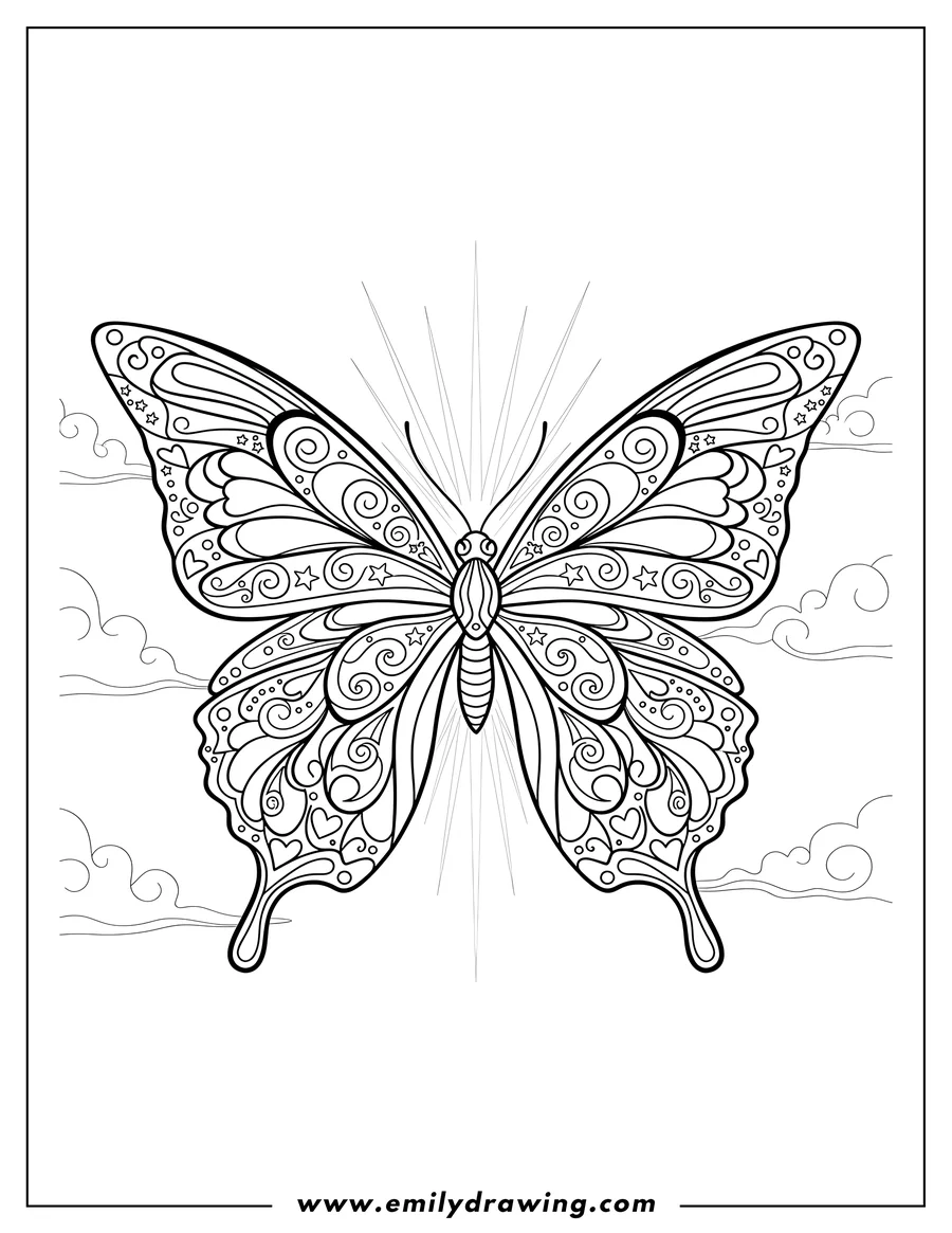 Downloadable coloring page of transcendent butterfly with open, patterned wings