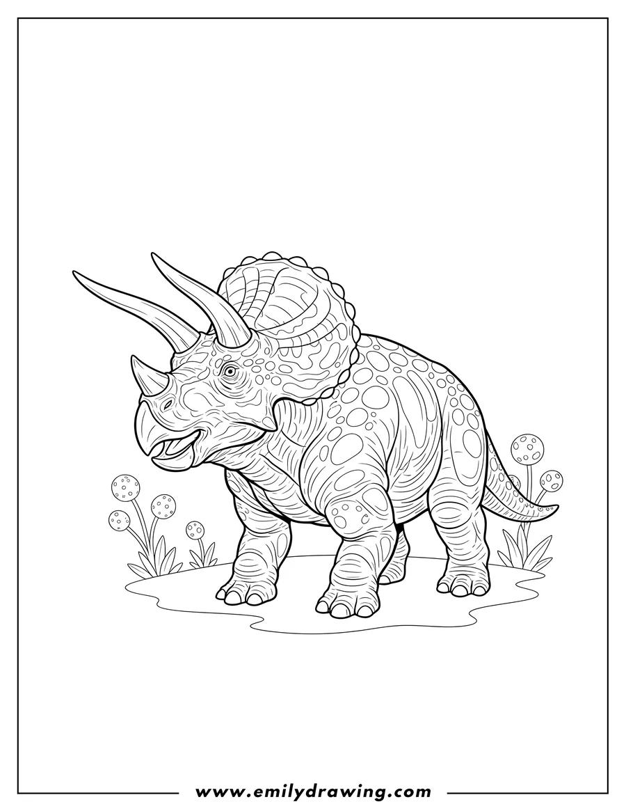Outline drawing of realistic Triceratops Scaled, standing with its head turned and mouth slightly open