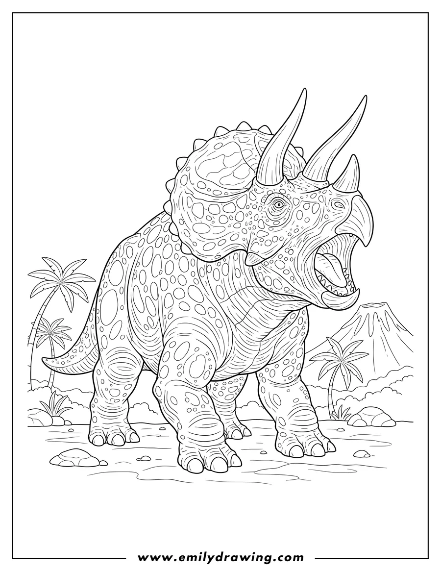 Coloring page of picture Realistic Triceratops Scaled, with its mouth open
