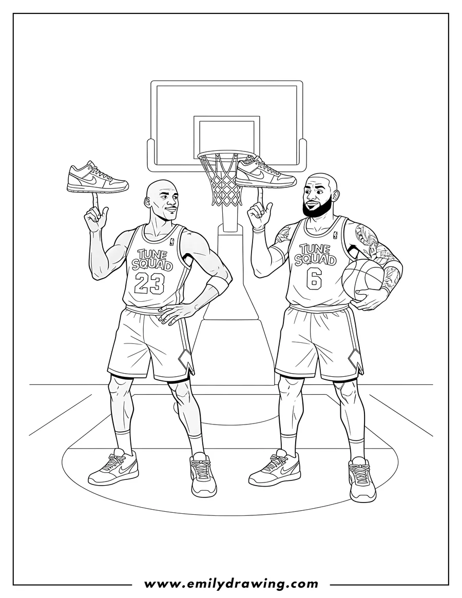 Printable coloring page of realistic Tune Squad Michael Jordan and Lebron James, both balancing a shoe on one finger, with Lebron also holding a basketball