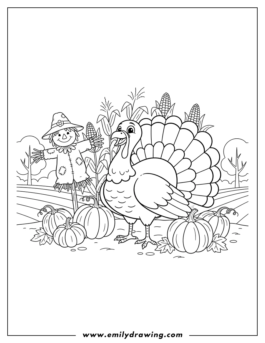 PDF style coloring page: turkey Standing Autumn Harvest Field With Corn And Pumpkins, with a spread tail, open beak, and a scarecrow