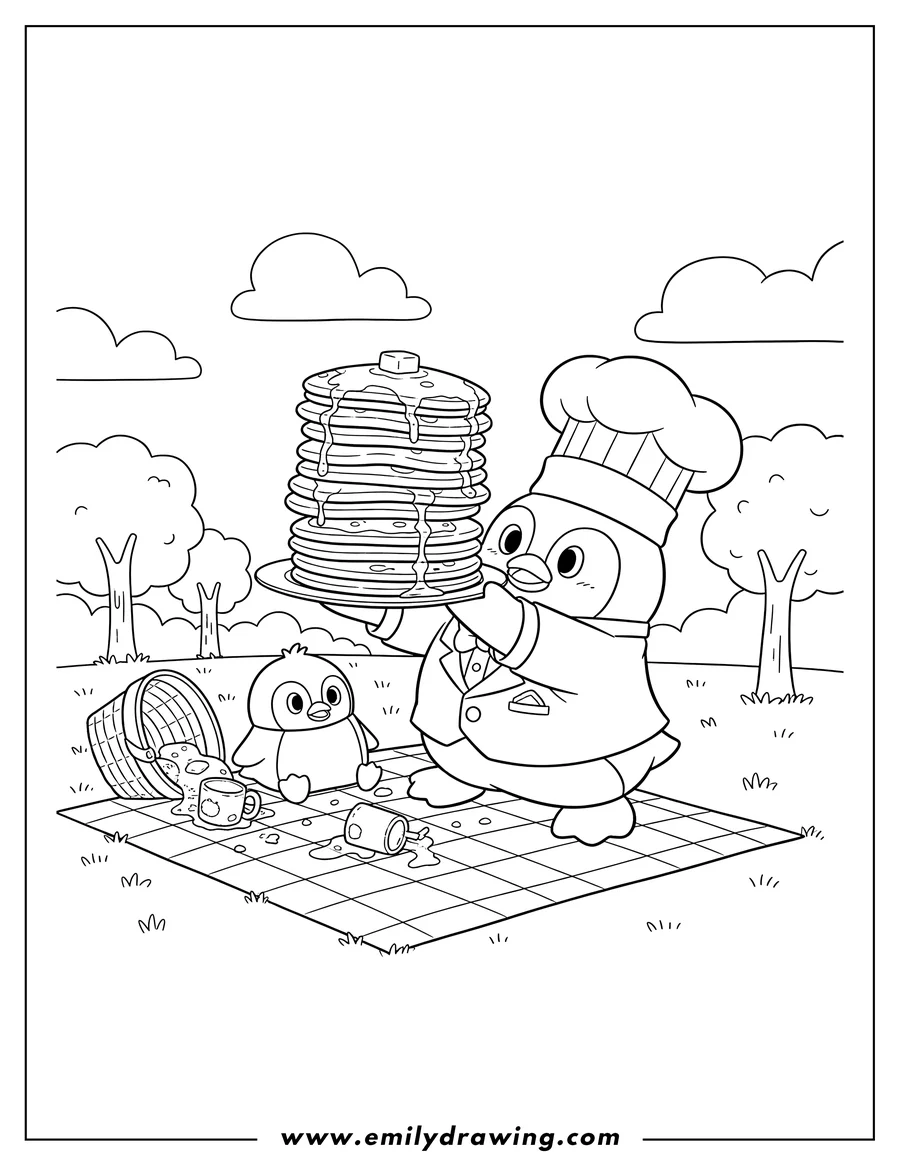 Coloring page of tuxedo Sam in a chef hat, balancing a tall stack of pancakes at a messy picnic with a small penguin