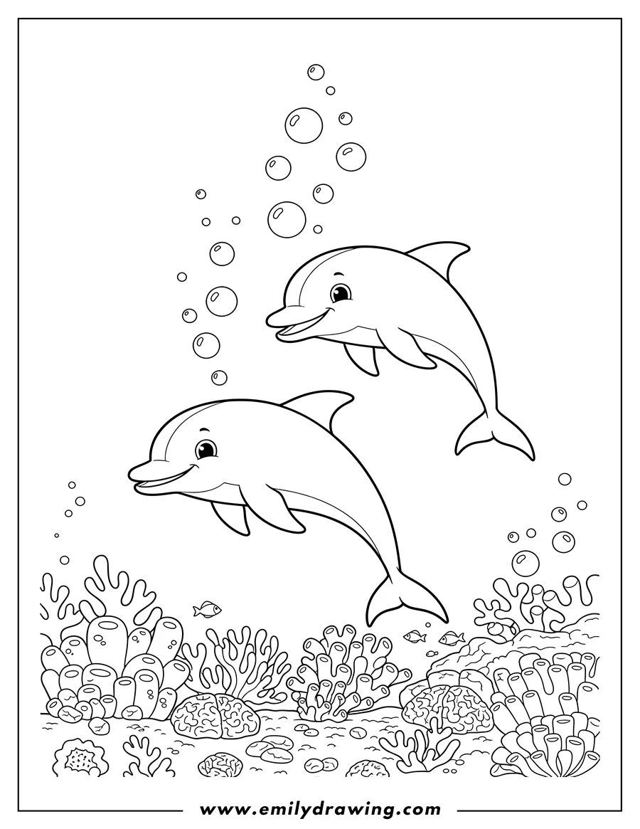 Vector style outline of two dolphins swimming together with bubbles above a coral reef