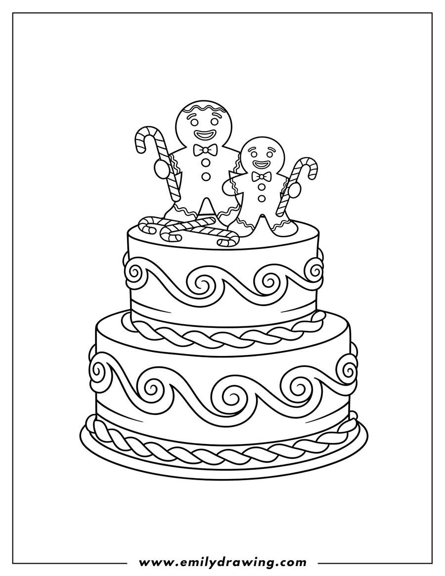 PDF style coloring page: two Gingerbread Men and Candy Canes on a Cake with Frosting Swirls Coloring Page