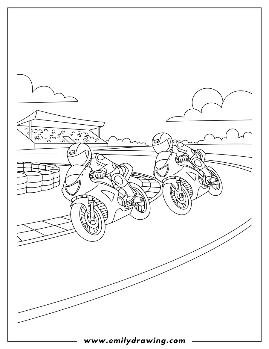 Printable line art of two Motorcycles Racing On Track Scaled, with riders leaning into a turn