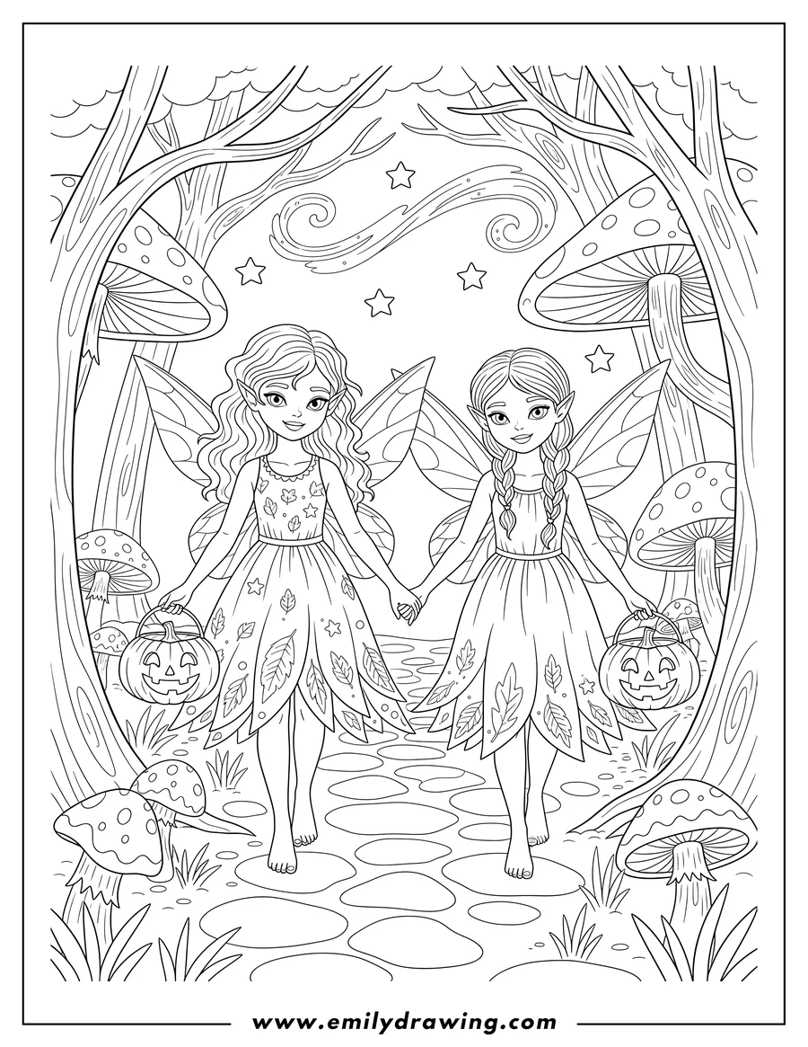 Linear illustration of two smiling fairy girls holding hands, each holding a jack-o'-lantern bucket, trick or treating in an enchanted forest