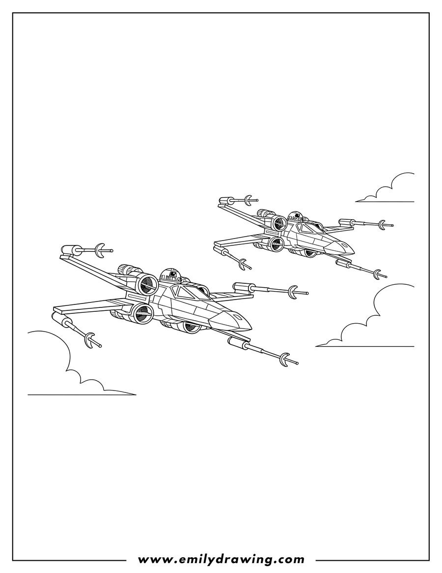 Free to print drawing of two X-wing starfighters flying with R2 D2 and open wings
