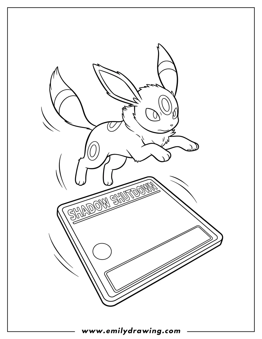 Free printable coloring sheet of umbreon leaping on a Pokemon card, featuring Shadow Shutdown