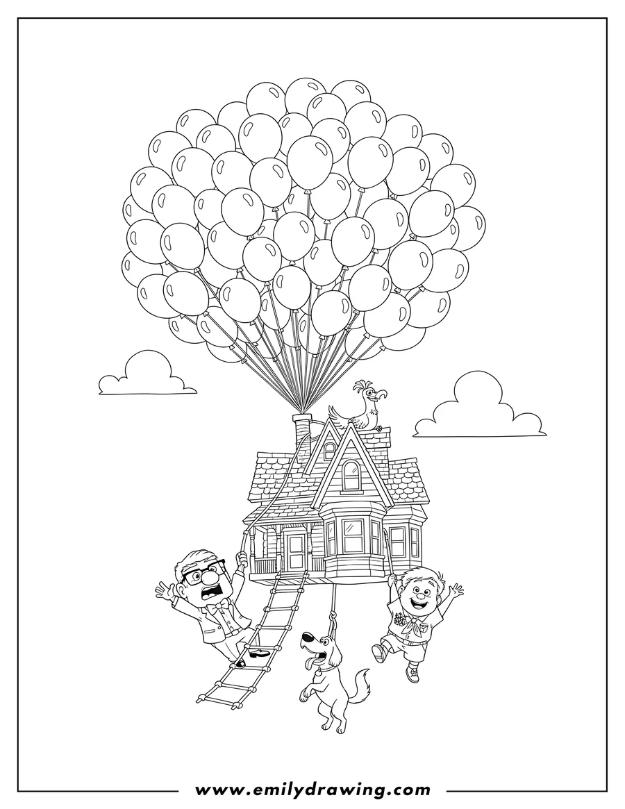 Full page coloring image of up Disney: Carl and Russell hanging from the balloon house