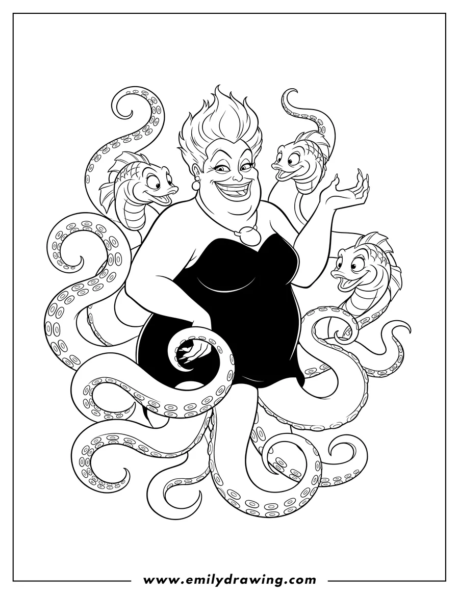 Printable coloring page of realistic Ursula smiling broadly, surrounded by tentacles, with Flotsam and Jetsam