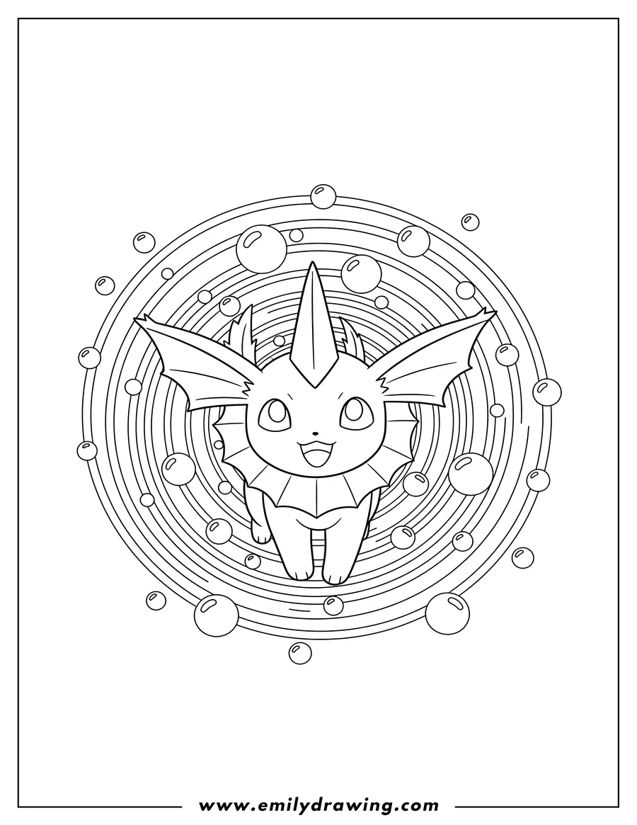 Linear illustration of vaporeon Spiral Drain Pokemon Card, smiling and surrounded by bubbles