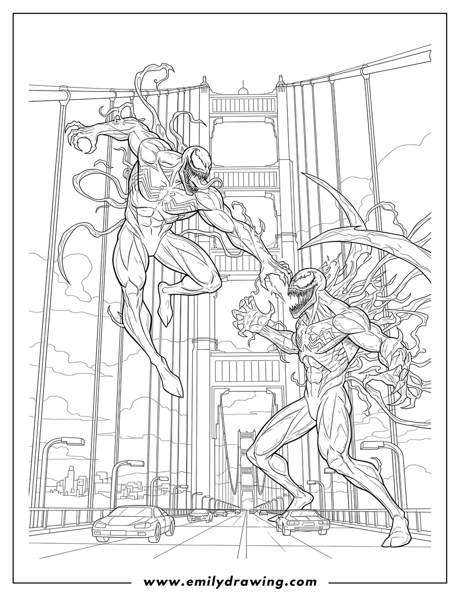 Linear illustration of venom and Carnage fighting with tendrils on the Golden Gate Bridge, one leaping, the other attacking near cars