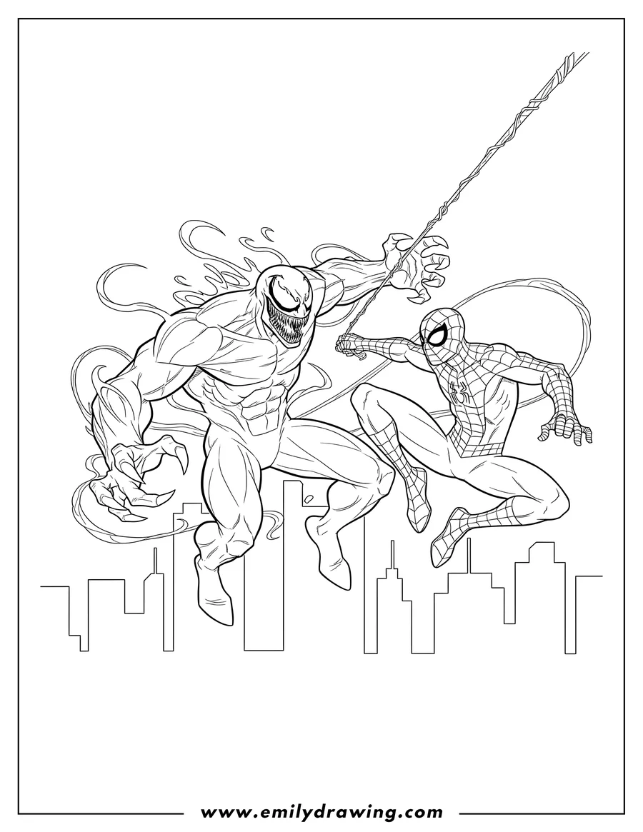 Linear illustration of venom and Spider-Man fighting, Spider-Man swinging with his web