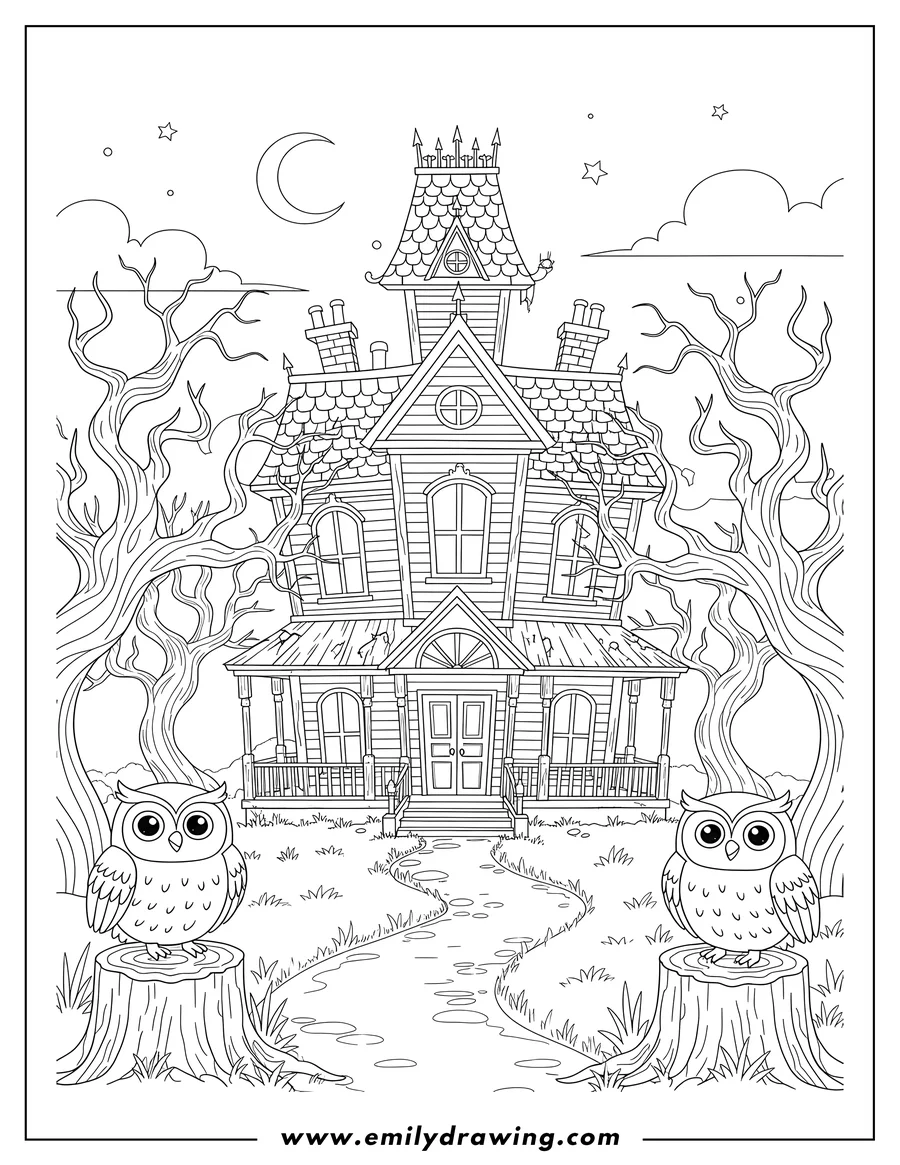 PDF style coloring page: victorian Haunted House With Twisted Trees And Two Owls Perched On Stumps Beside The Front Path