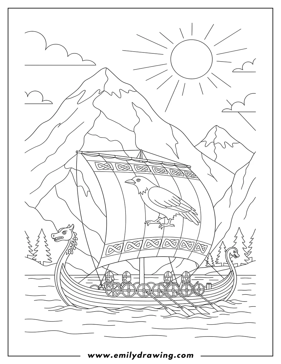 Free printable coloring sheet of viking Longship with tall sail and shields, navigating a mountain fjord