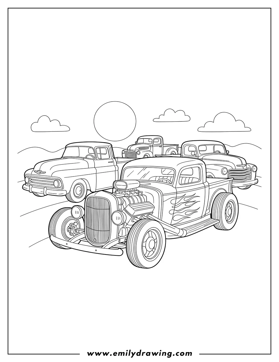 Printable line art of vintage Hot Rod Classics with an engine and three vintage pickup trucks