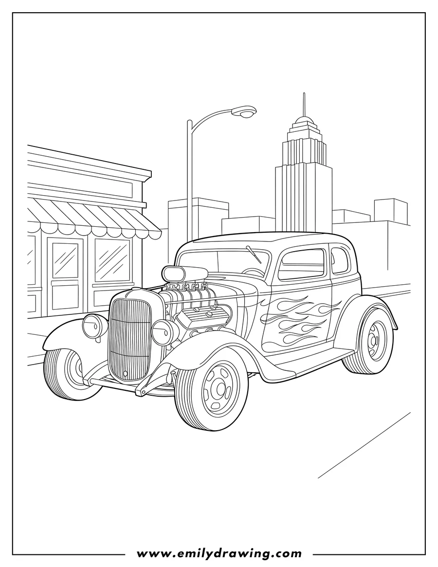 Free printable coloring sheet of realistic vintage sedan hot rod car in a city