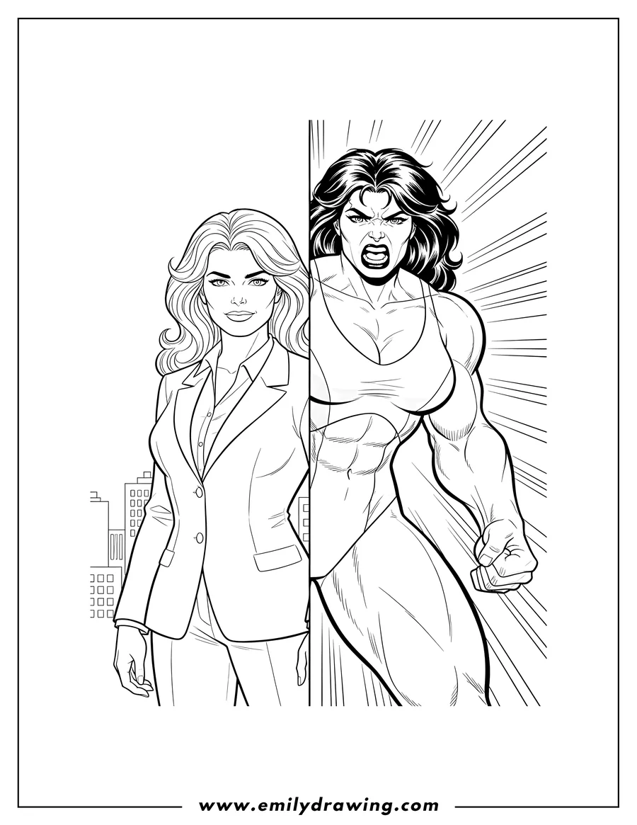 Linear illustration of vintage She Hulk Comic Scaled, showing her two forms, one calm and one angry