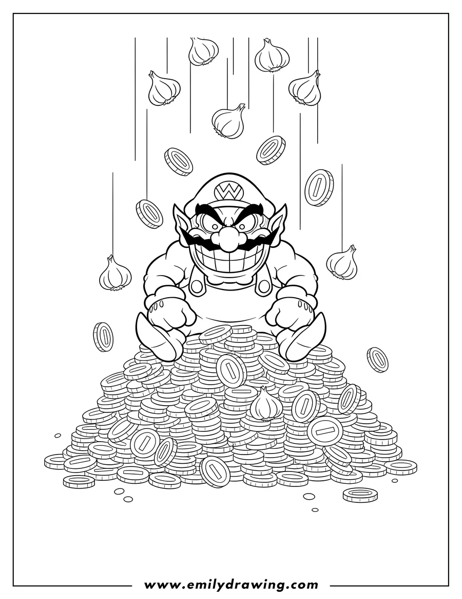 Clean line drawing: wario grinning on a pile of gold coins as garlic and coins rain down