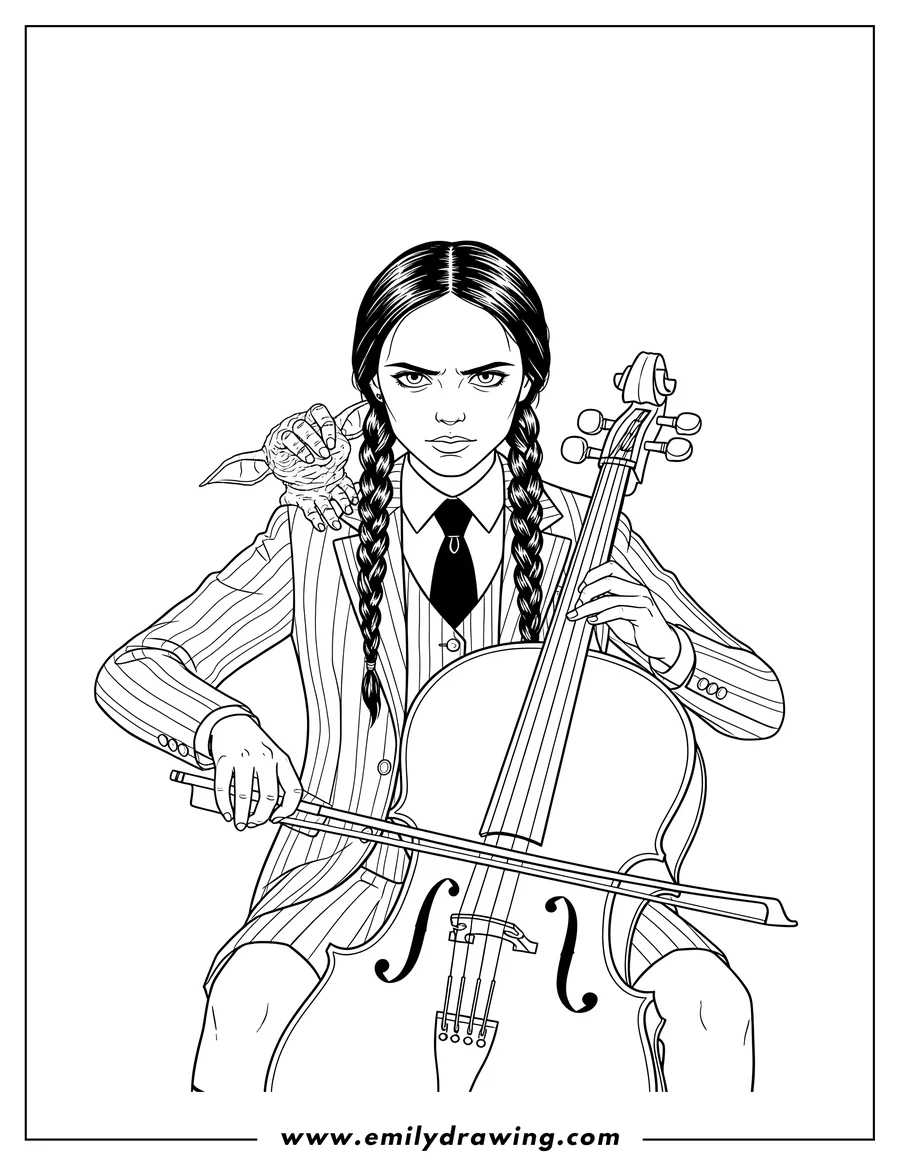 Coloring page of realistic Wednesday Addams in Nevermore Academy uniform, with braided pigtails and a serious expression, playing cello with Thing on her shoulder