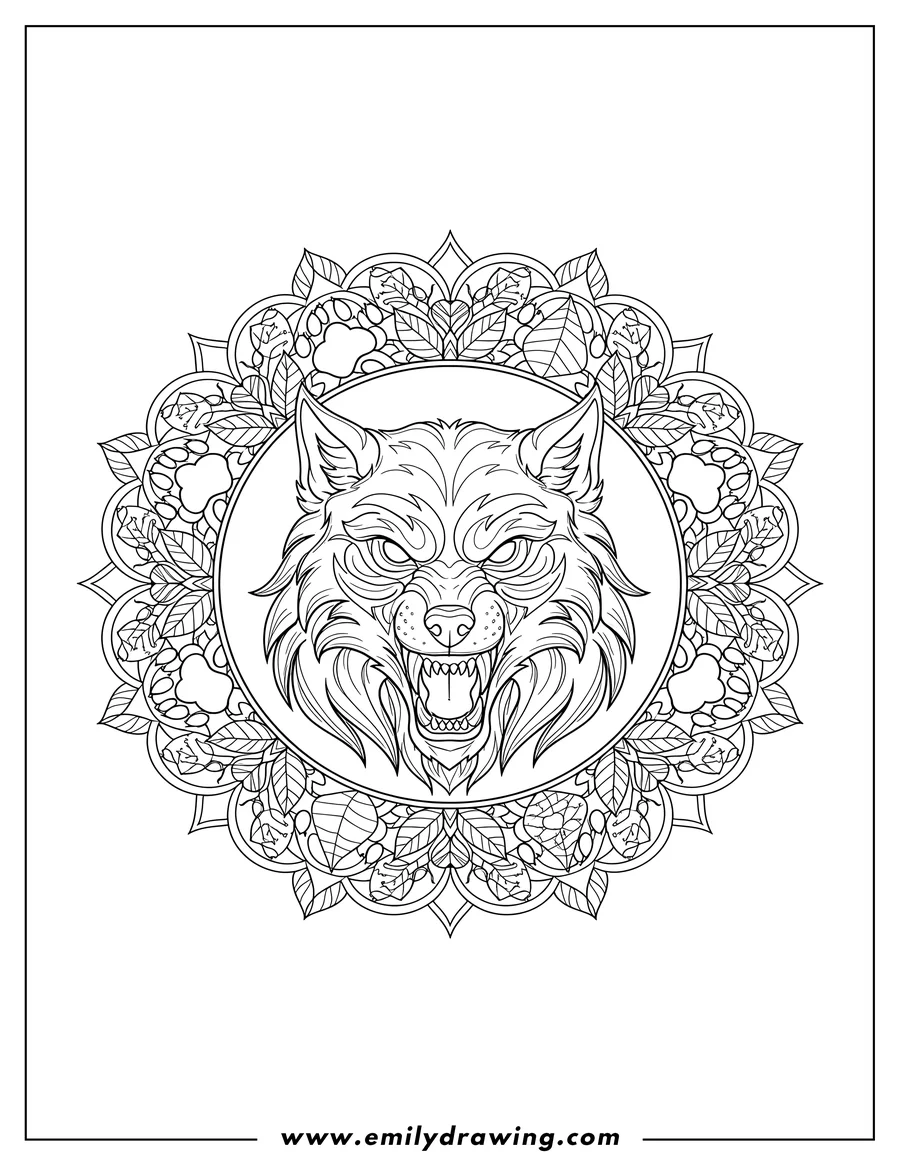 Vector style outline of realistic Werewolf head snarling, with a moon behind it, inside a mandala featuring paw prints and leaves
