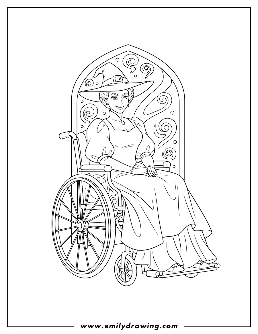 Full page coloring image of wicked Nessarose sitting and smiling in her wheelchair