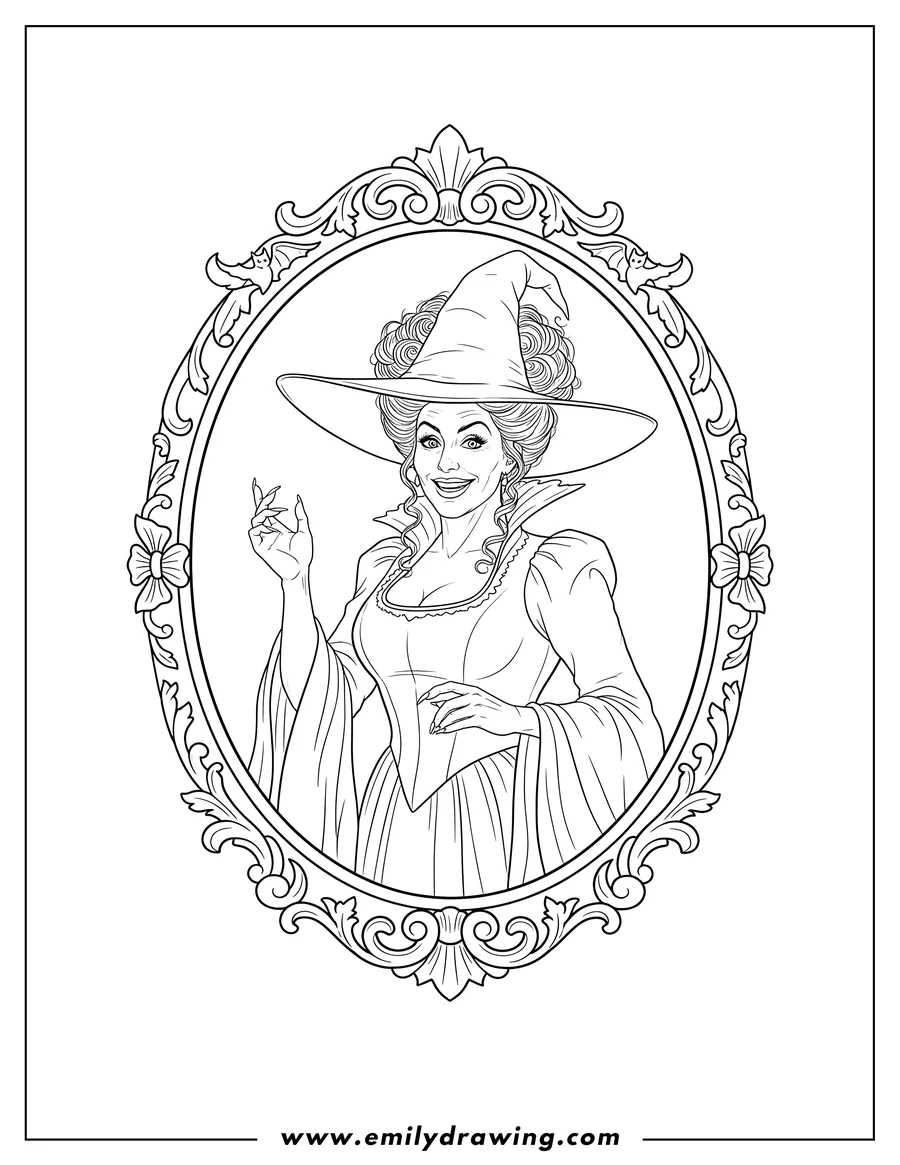 Free printable coloring sheet of realistic Winifred Sanderson with curly hair and raised hand, in an ornate oval mirror