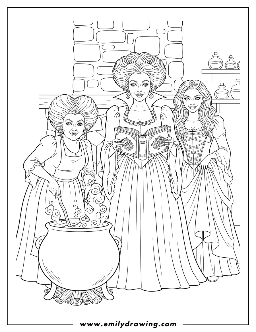 PDF style coloring page: winifred, Sarah, and Mary Sanderson in front of a witch's cauldron, Winifred holding a spellbook, and Mary stirring the cauldron