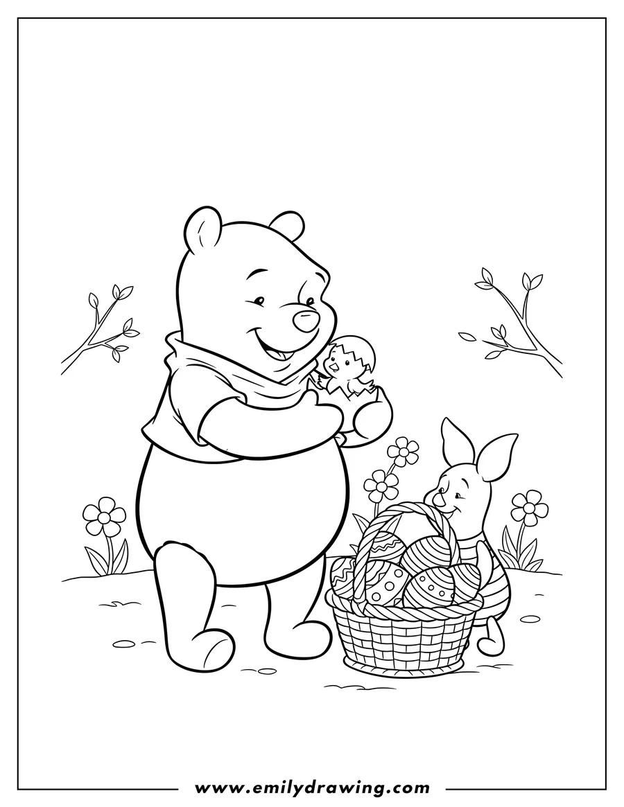 Coloring sheet featuring winnie Pooh holding a hatching chick, with Piglet and a basket of Easter eggs