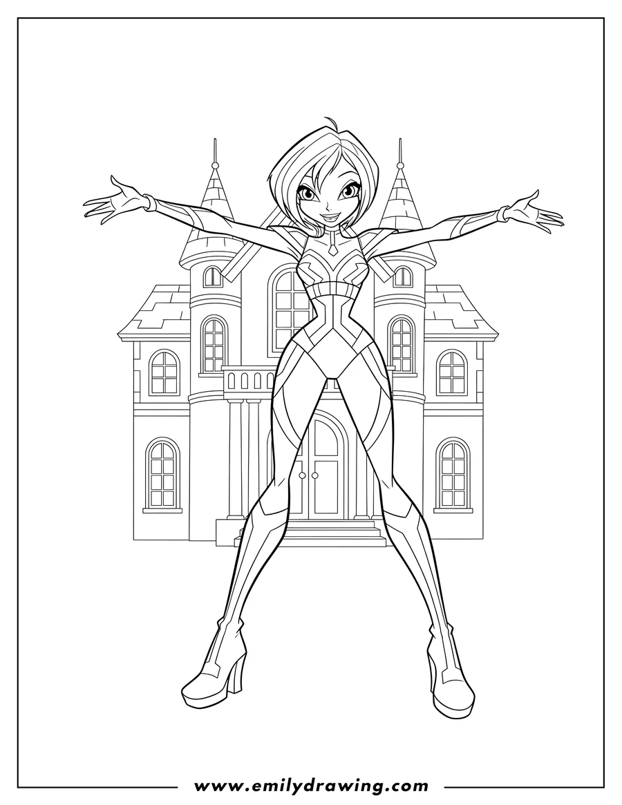 Coloring sheet featuring winx Club Tecna standing with outstretched arms in front of a mansion